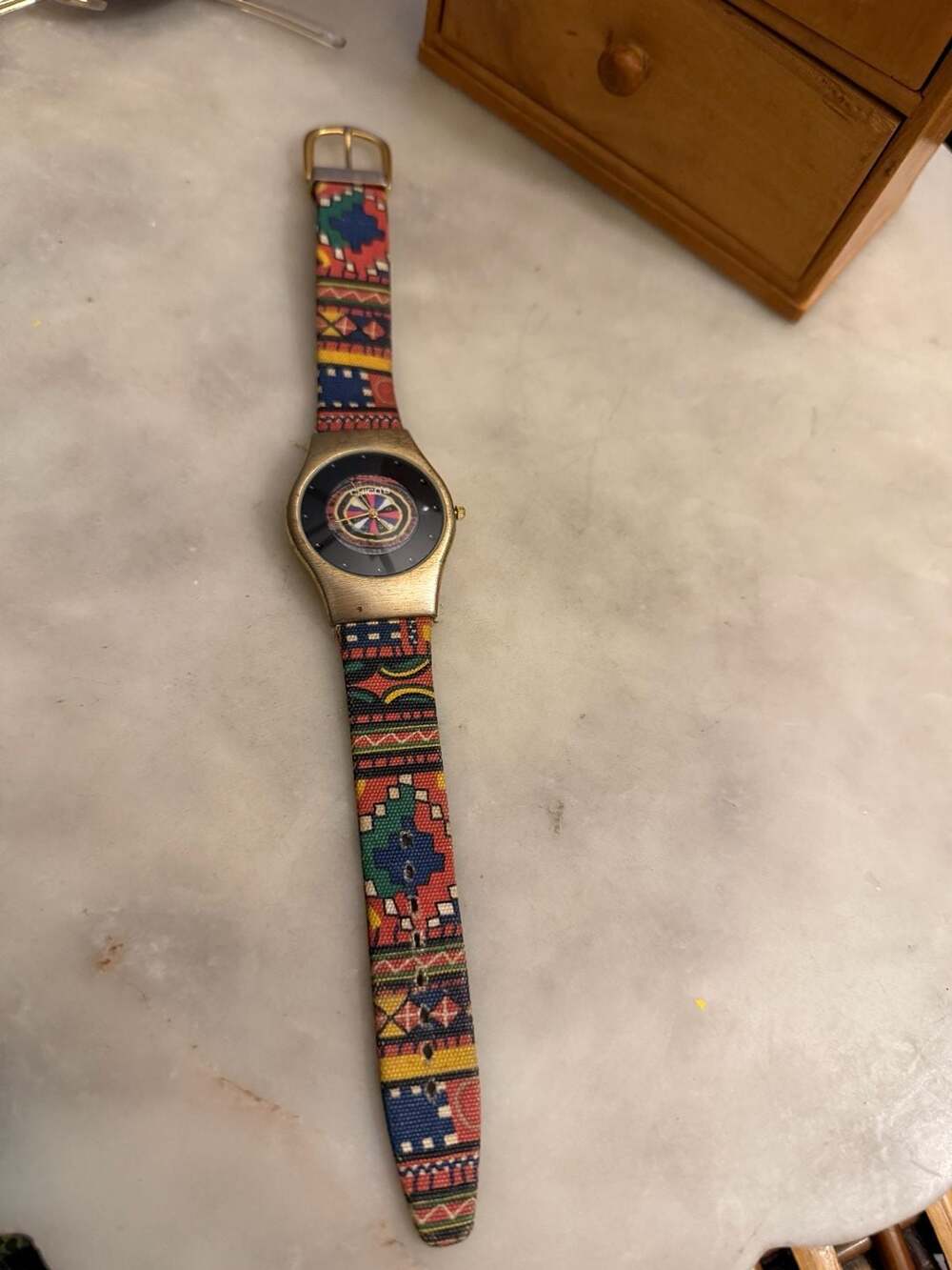 Chico's Vintage Gold Tone Boho Watch with Tribal Print Fabric Band